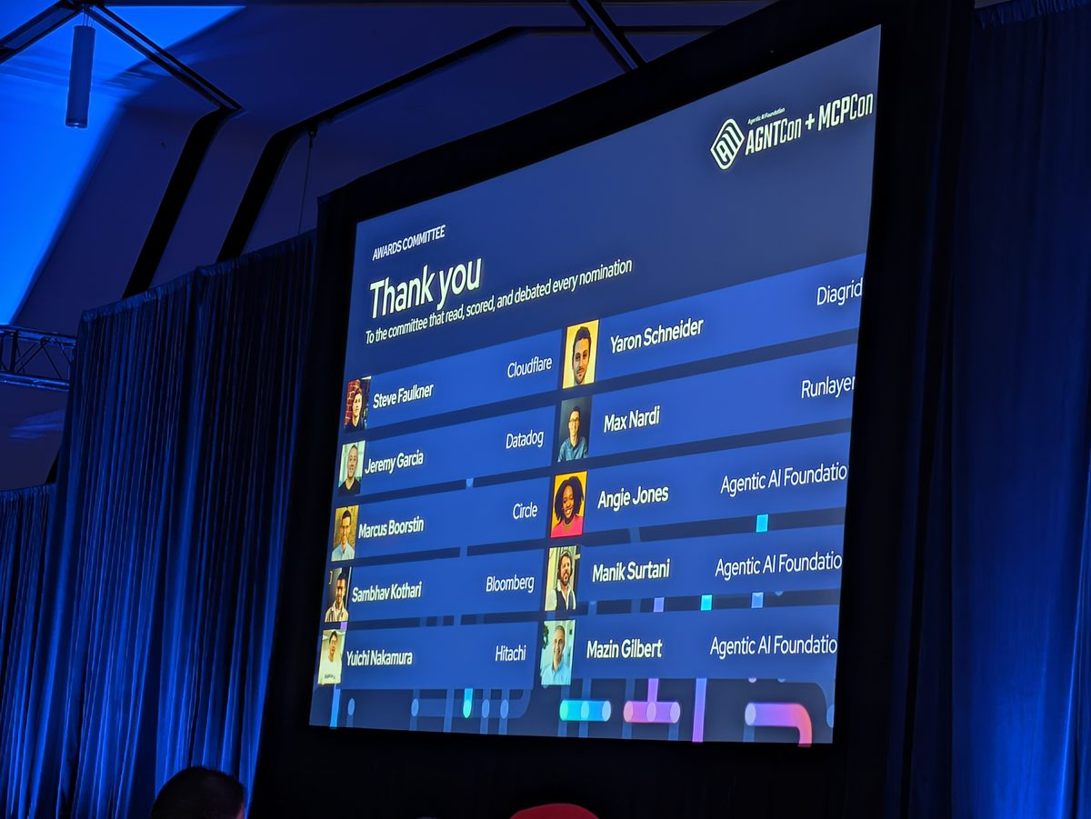 A slide titled Thank you, Awards Committee, with ten names and organisations, from Steve Faulkner of Cloudflare to Mazin Gilbert of the Agentic AI Foundation
