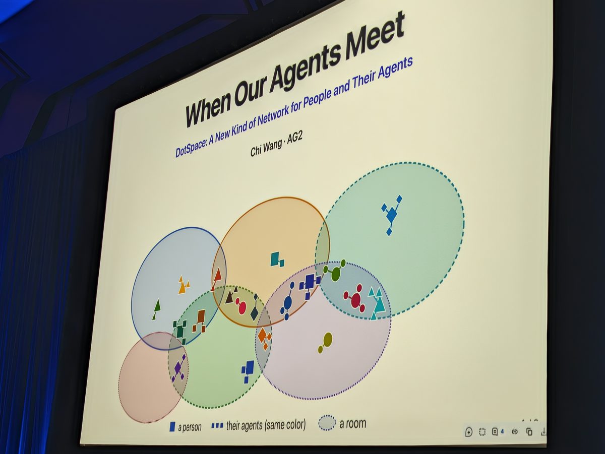 A slide titled When Our Agents Meet: DotSpace, a new kind of network for people and their agents, showing overlapping coloured circles with people and agents inside