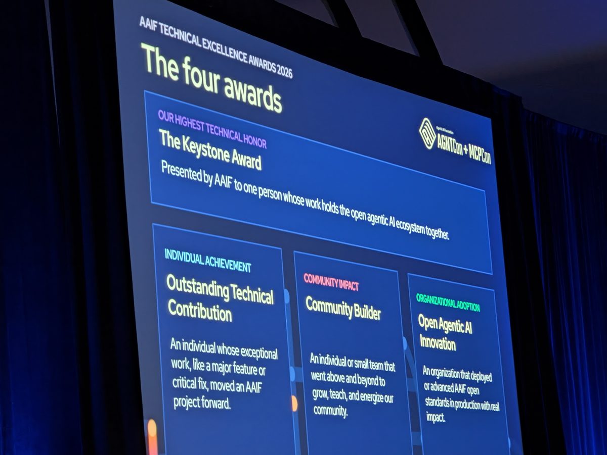 A slide titled The four awards: The Keystone Award, Outstanding Technical Contribution, Community Builder and Open Agentic AI Innovation, each with its description