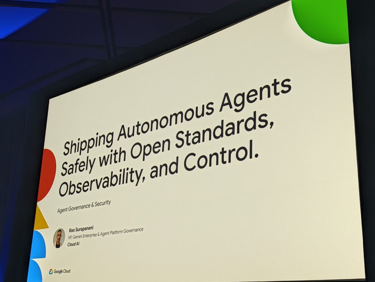 The title slide Shipping Autonomous Agents Safely with Open Standards, Observability, and Control, Agent Governance & Security, Rao Surapaneni, Google Cloud