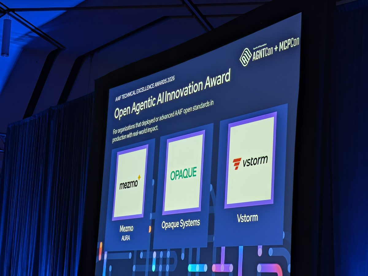 A slide titled Open Agentic AI Innovation Award with three logos: Mezmo AURA, Opaque Systems and Vstorm
