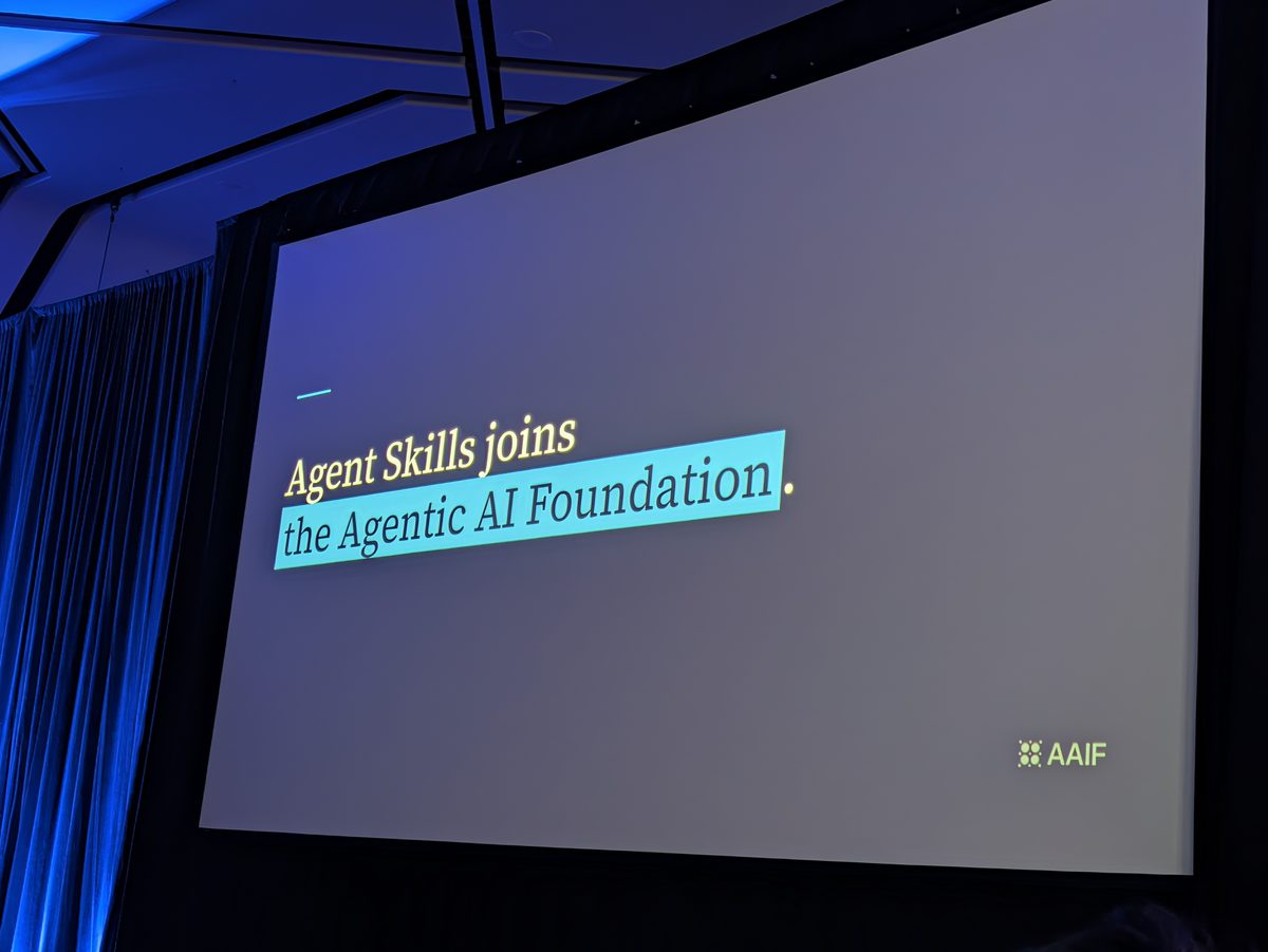 A slide reading Agent Skills joins the Agentic AI Foundation, with the AAIF logo