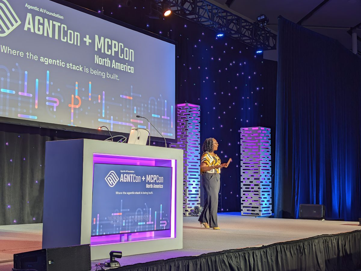 Angie Jones, VP at the Agentic AI Foundation, on the AGNTCon + MCPCon North America stage at the end of the keynote