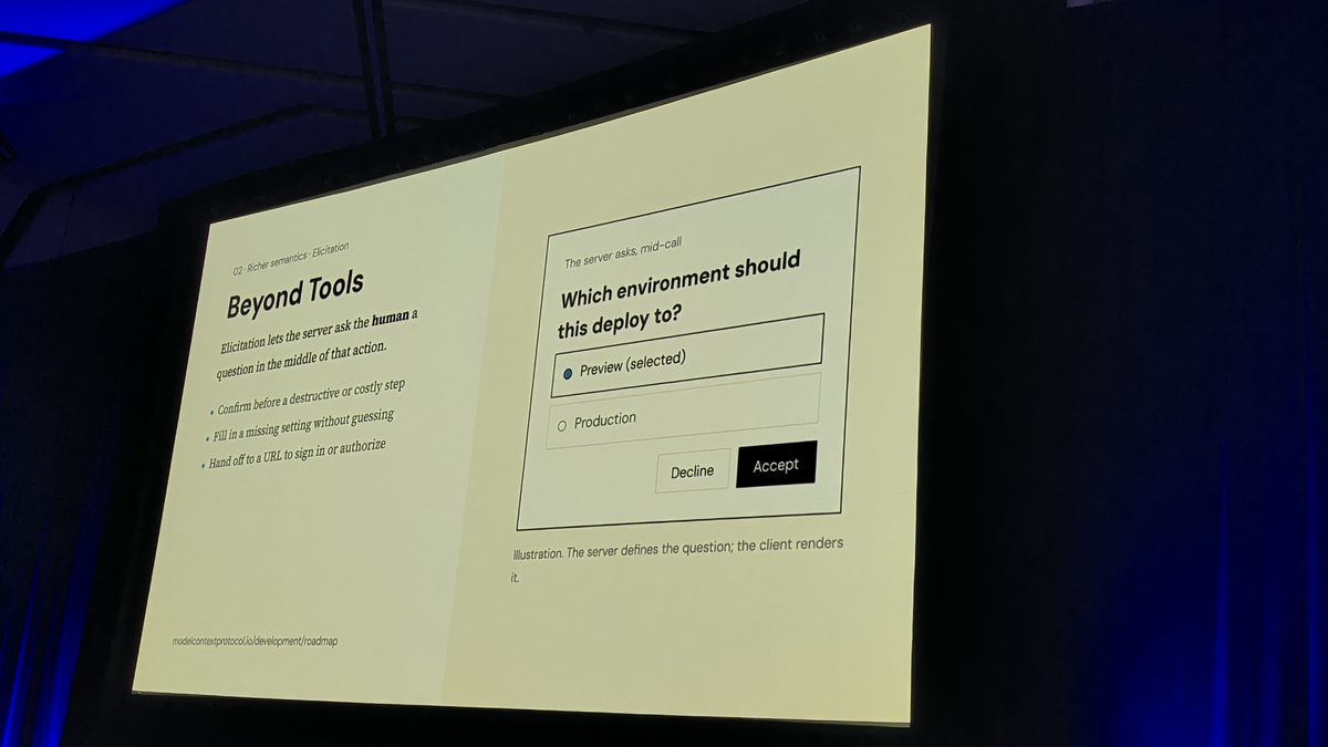 A slide titled Beyond Tools: elicitation lets the server ask the human a question in the middle of an action, with a dialog asking which environment a deploy should go to, preview or production