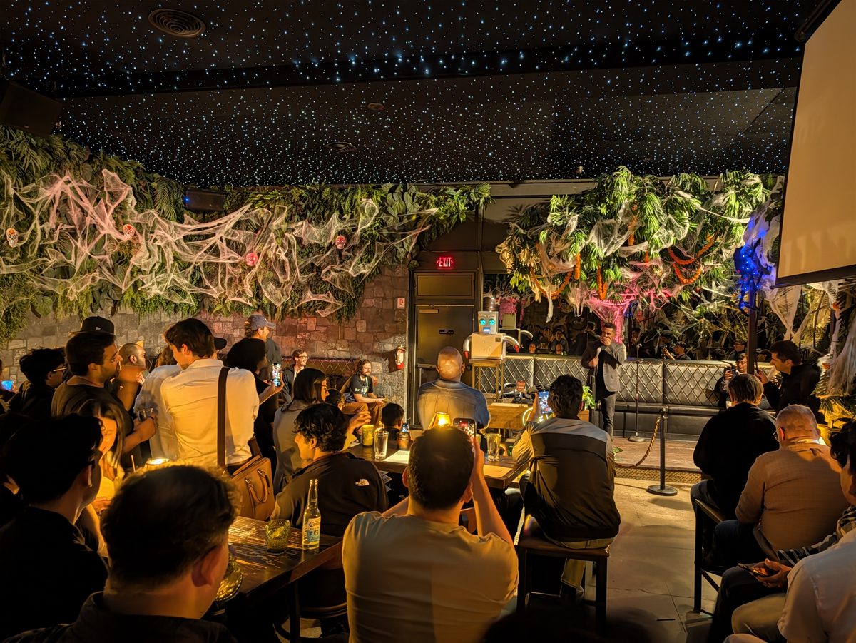 A crowded bar room under a starry ceiling and hanging greenery, the audience watching a comedian at the front