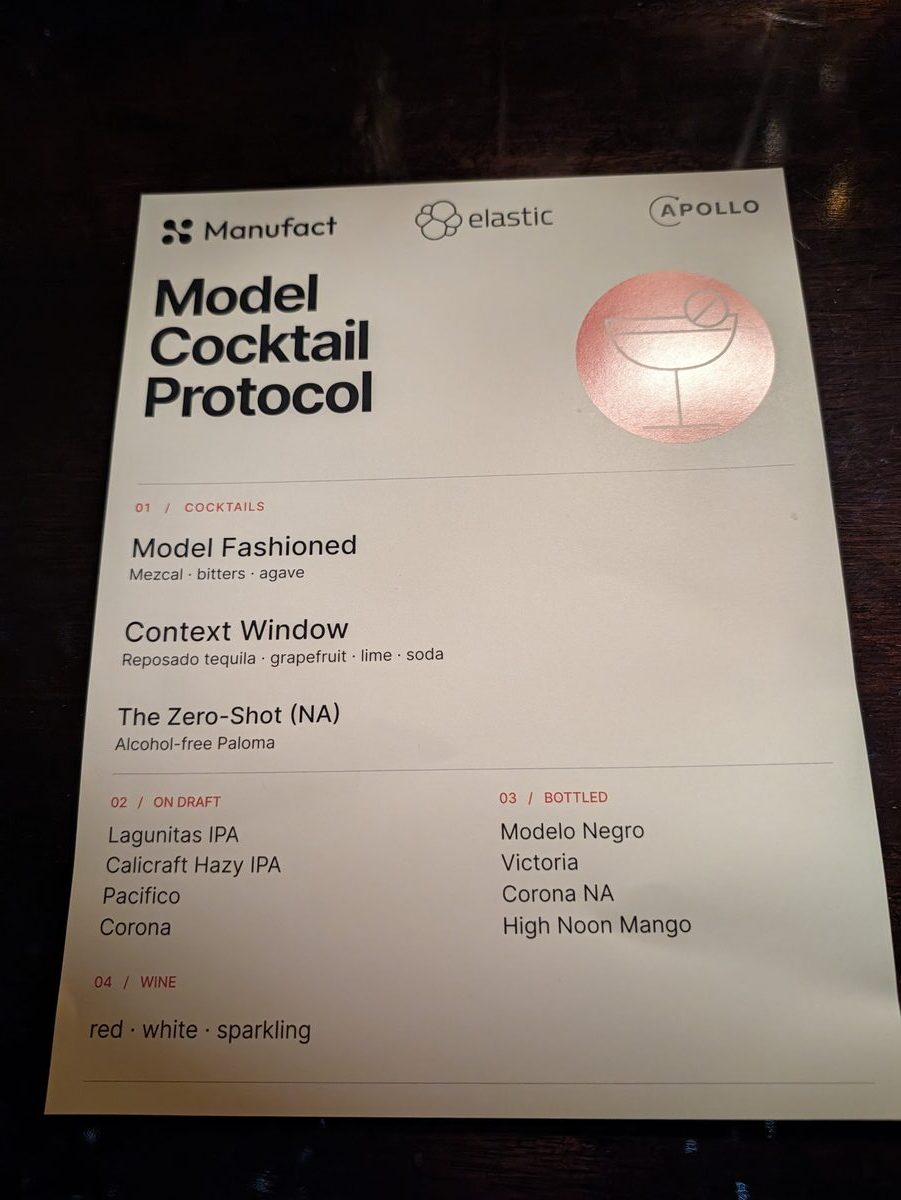 A drinks menu titled Model Cocktail Protocol from Manufact, Elastic and Apollo: Model Fashioned, Context Window and The Zero-Shot
