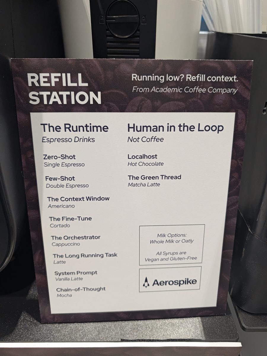 A coffee menu titled Refill Station, Running low? Refill context: Zero-Shot single espresso, Few-Shot double espresso, The Context Window Americano, The Long Running Task latte, Localhost hot chocolate, sponsored by Aerospike