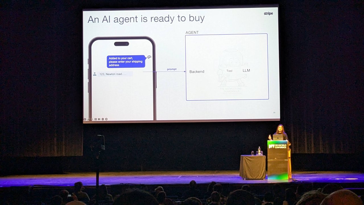 A keynote slide titled An AI agent is ready to buy, showing a phone chat asking for a shipping address alongside an agent box containing backend, tool and LLM