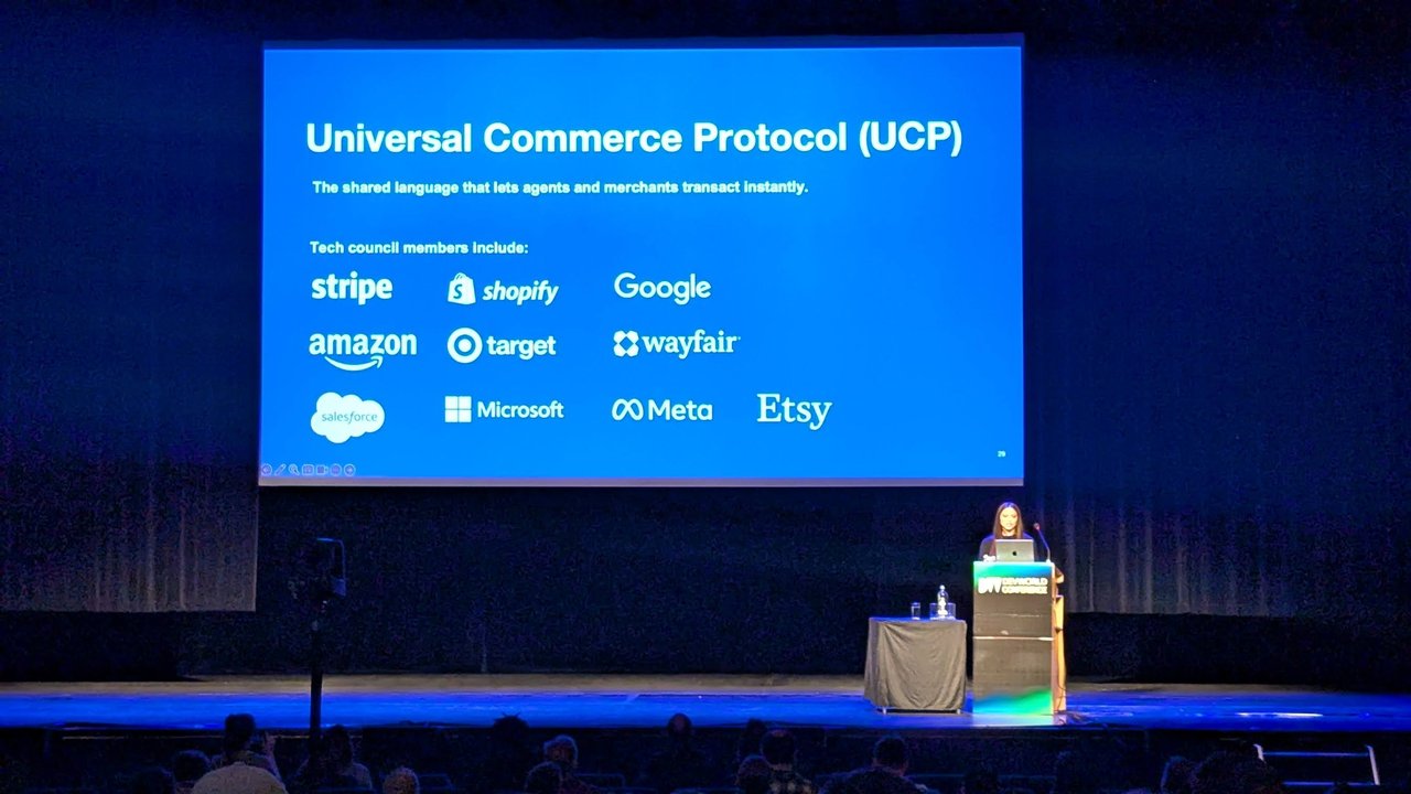 A keynote slide introducing the Universal Commerce Protocol, listing tech council members including Stripe, Shopify, Google, Amazon, Target, Wayfair, Salesforce, Microsoft, Meta and Etsy