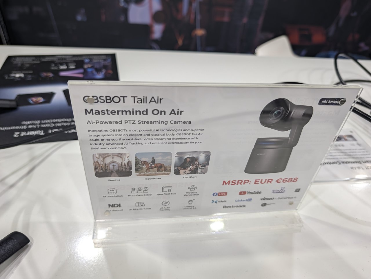 A product card for the OBSBOT Tail Air AI-powered PTZ streaming camera, listing 4K resolution, NDI support and an MSRP of 688 euros