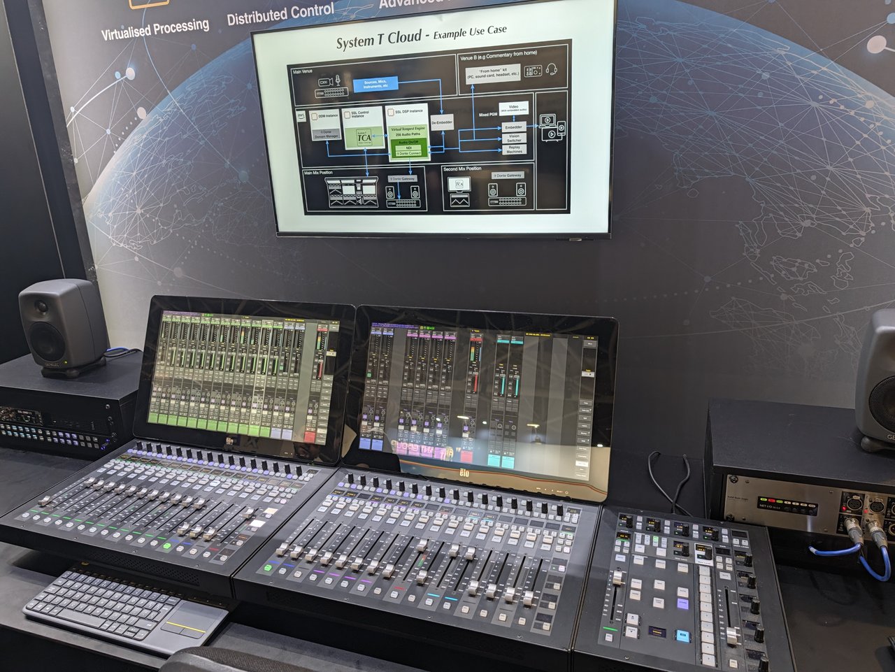 A Solid State Logic System T broadcast console with a screen showing the System T Cloud example use case diagram