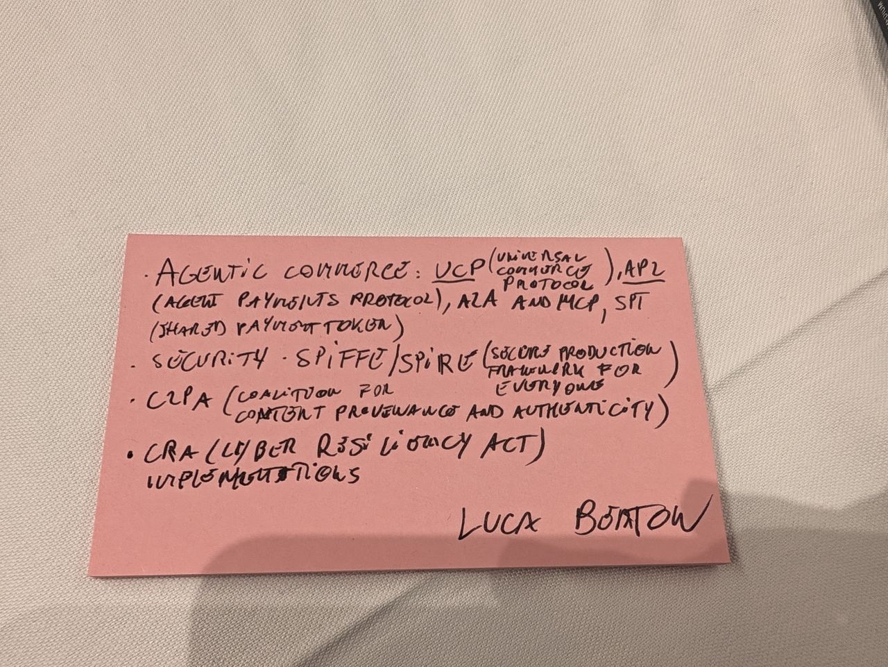 A handwritten card listing agentic commerce, SPIFFE and SPIRE, C2PA and the Cyber Resilience Act