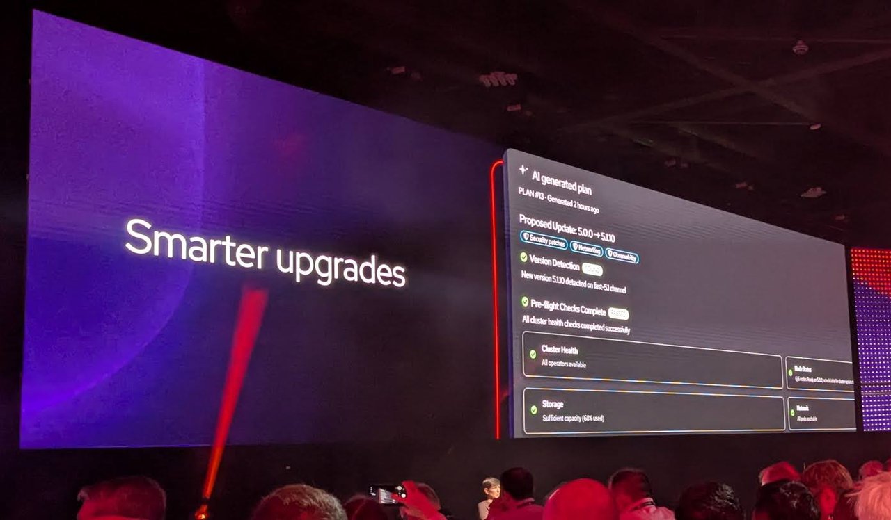 A keynote slide headed Smarter upgrades, showing an AI generated upgrade plan from version 5.0.0 to 5.1.10 with pre-flight checks and cluster health results