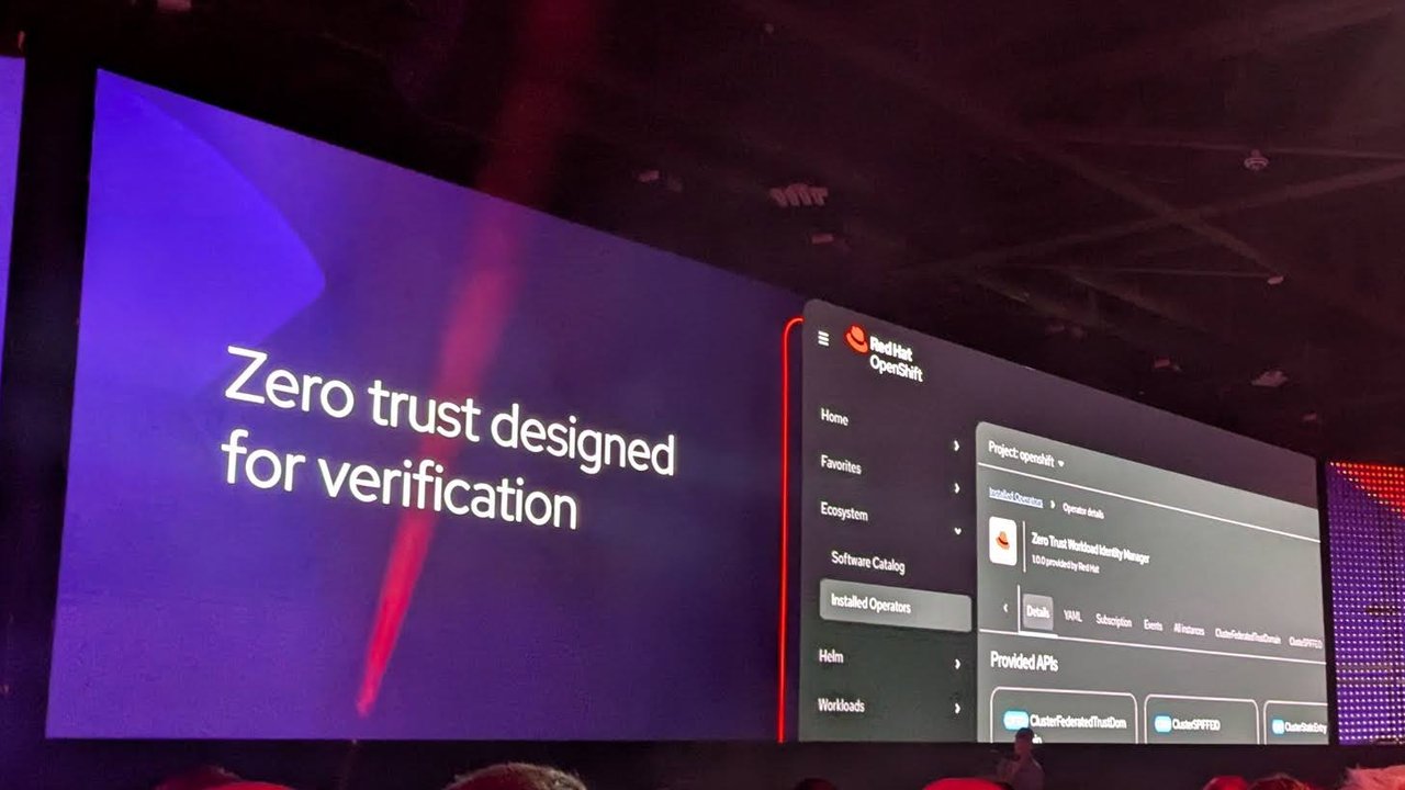 A keynote slide reading Zero trust designed for verification, beside an OpenShift console showing the Zero Trust Workload Identity Manager operator and its SPIFFE APIs