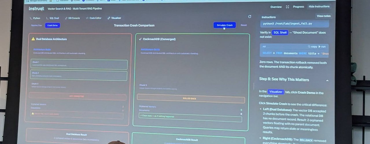 A hands-on lab screen comparing a transaction crash in a dual-database architecture against CockroachDB, showing orphaned vectors on one side and a clean rollback on the other